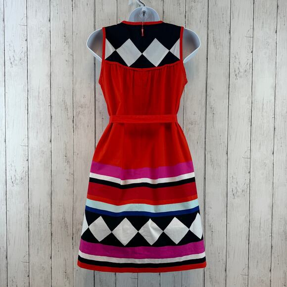 Kate Spade New York Black Red Geo Babydoll Belted Sleeveless Dress  Size XS - Picture 4 of 16